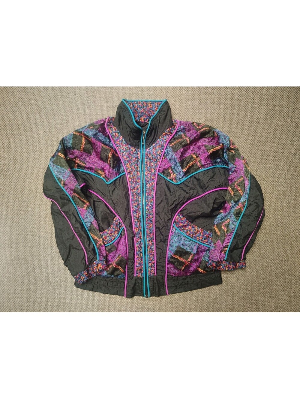 Vintage 80s East West Windbreaker Jacket Mens Small Neon Pink Teal Geometric